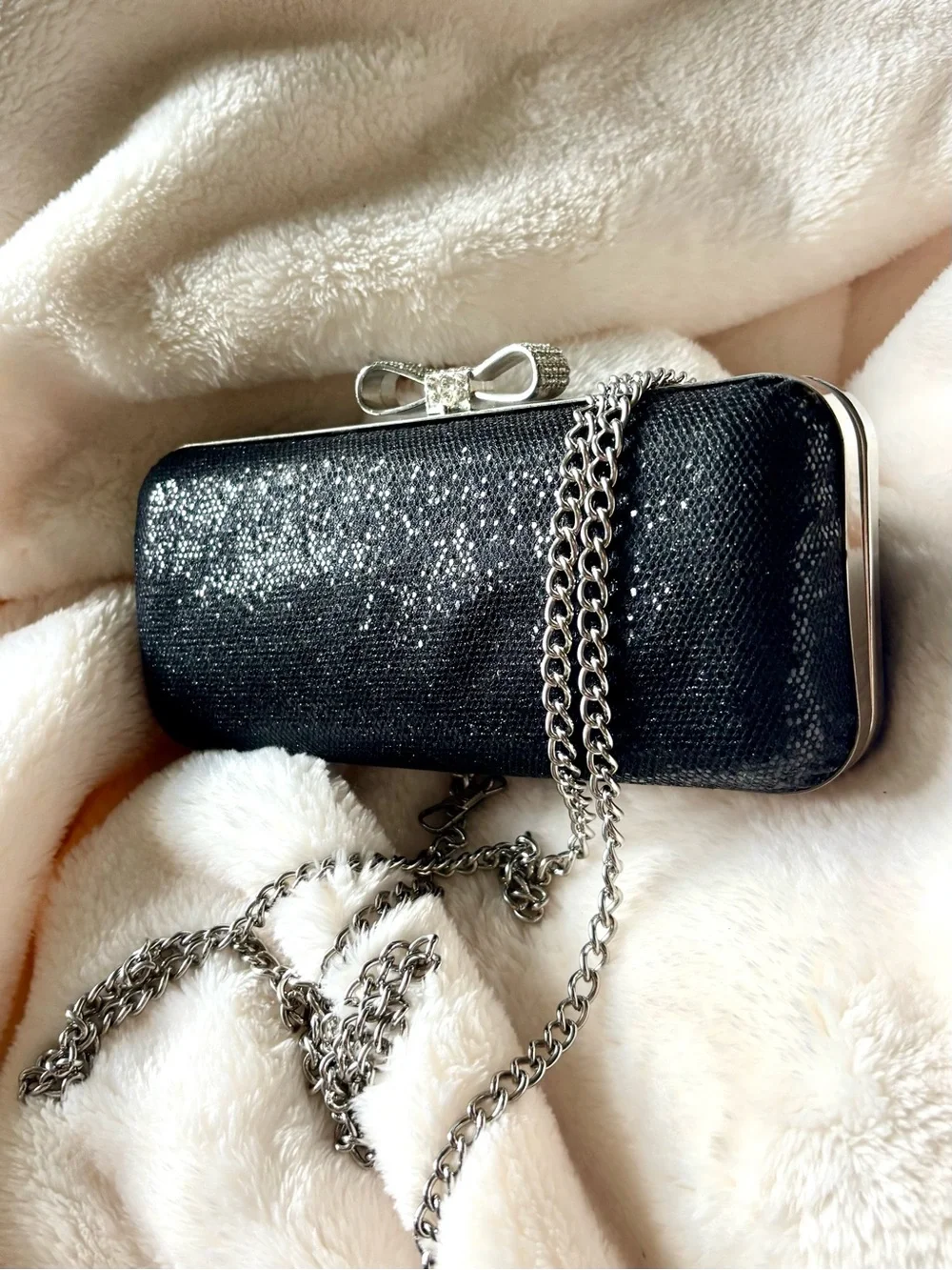 LuLu Townsend Sparkling Black Rhinestone Bow Clutch for Women Silver Chain